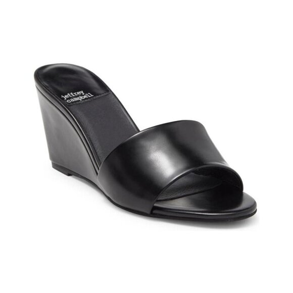 Jeffrey Campbell Womens Black Leather Slip On Open Toe Wedge Sandals Sz 9 NEW - Picture 1 of 11